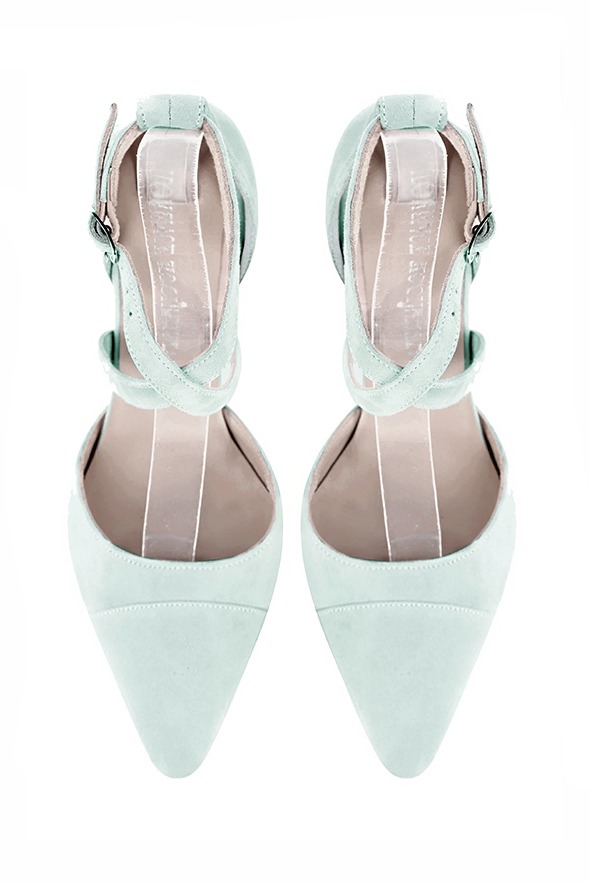 Aquamarine blue women's open side shoes, with crossed straps. Tapered toe. Medium comma heels. Top view - Florence KOOIJMAN